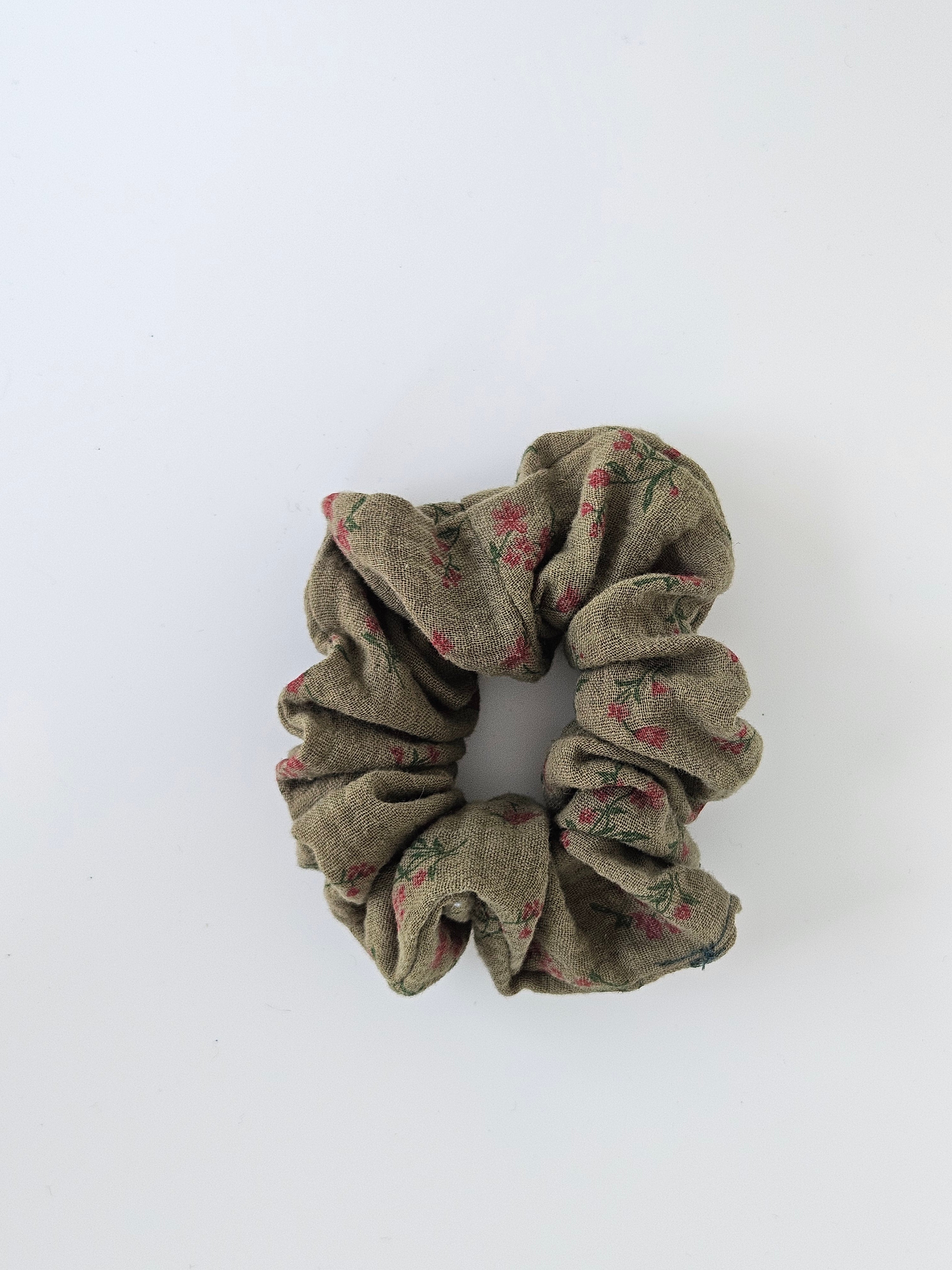 Linen Floral Print Scrunchie Green