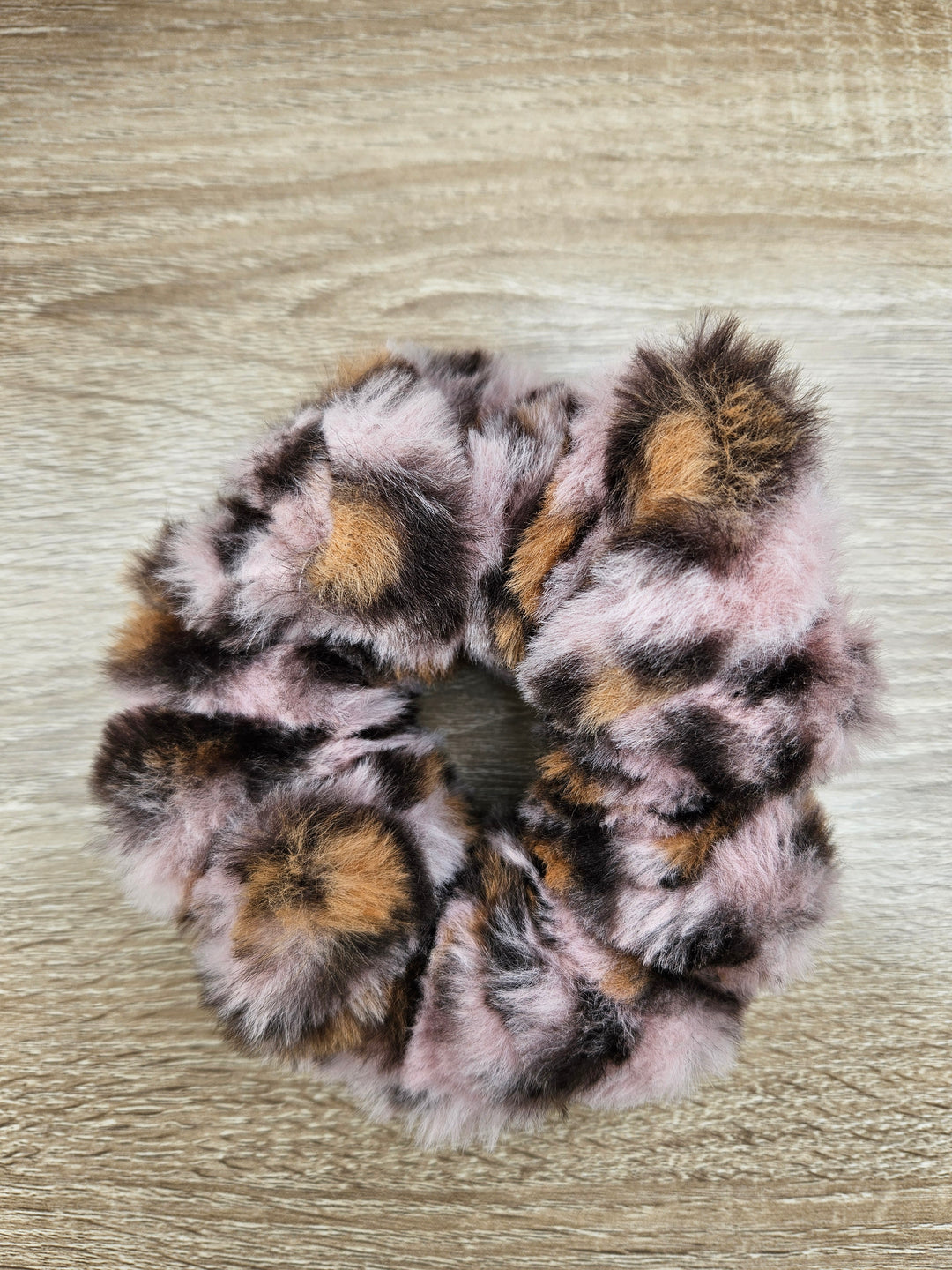 Teddy Fluffy Scrunchie Tan Print