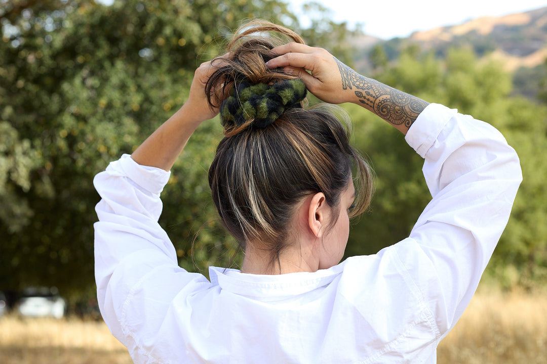 Teddy Fluffy Scrunchie Tan Print