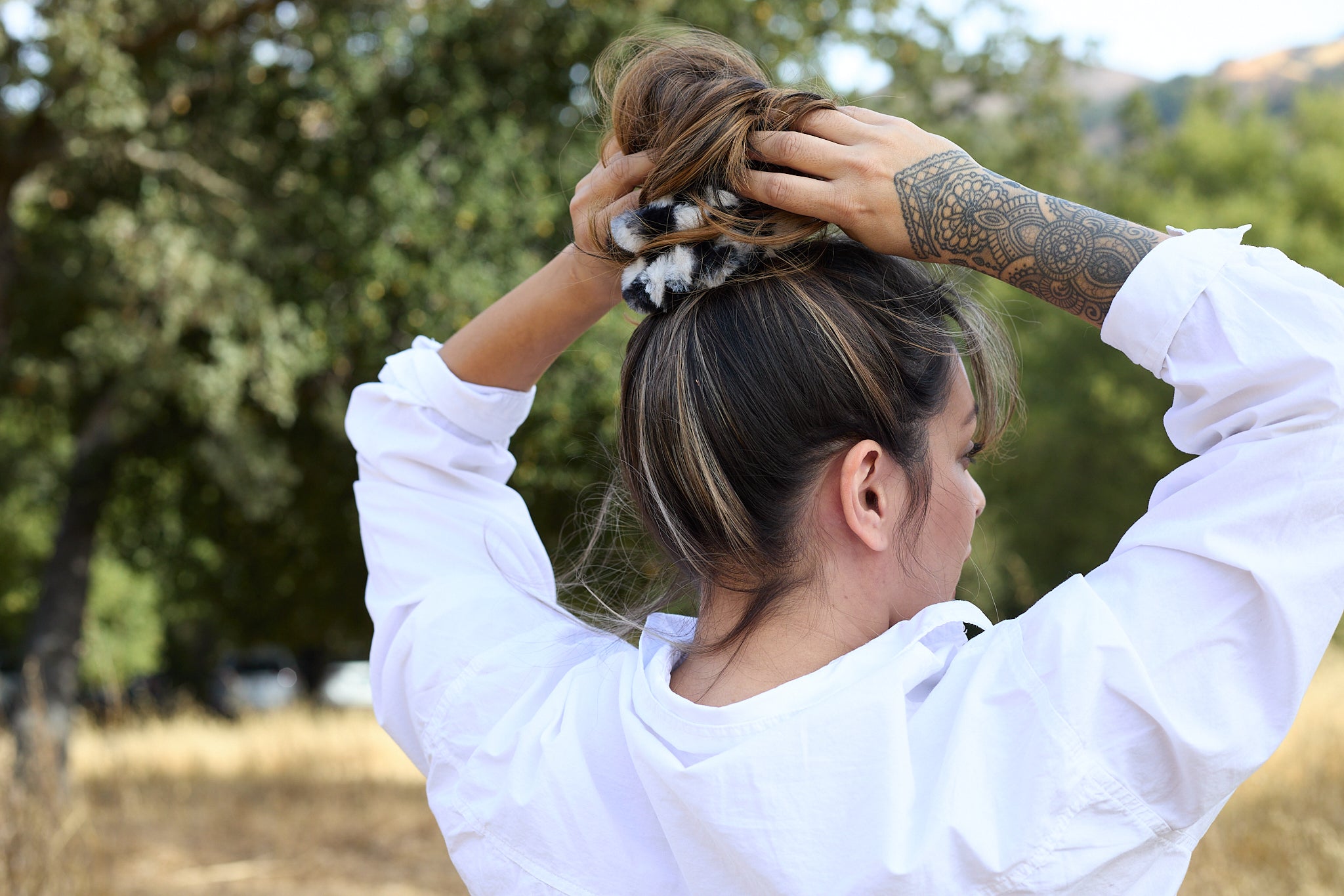 Teddy Fluffy Scrunchie Tan Print